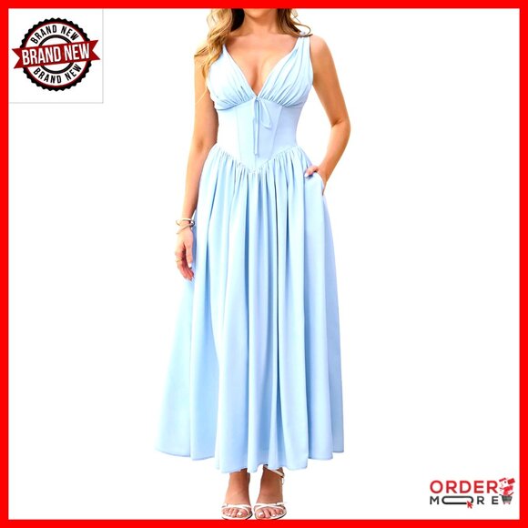 Sleeveless Midi Dress V Neck A Line Flowy Casual Summer Wedding Guest with